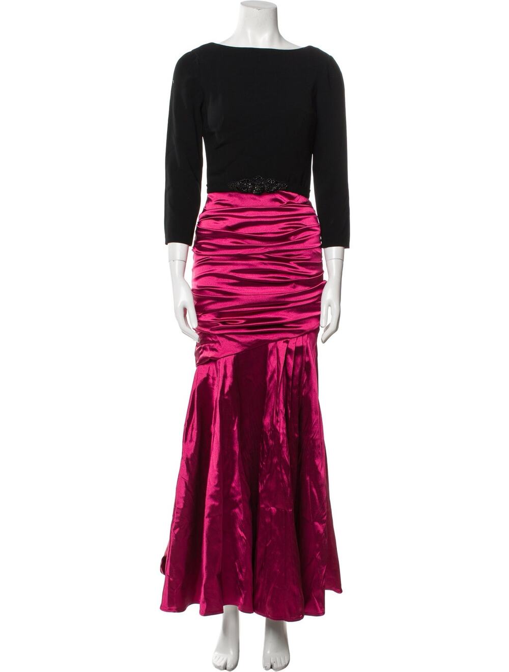 THEIA Black Fuchsia Pink Satin Long Sleeve Ruched Bateau Gown Dress Women's 4